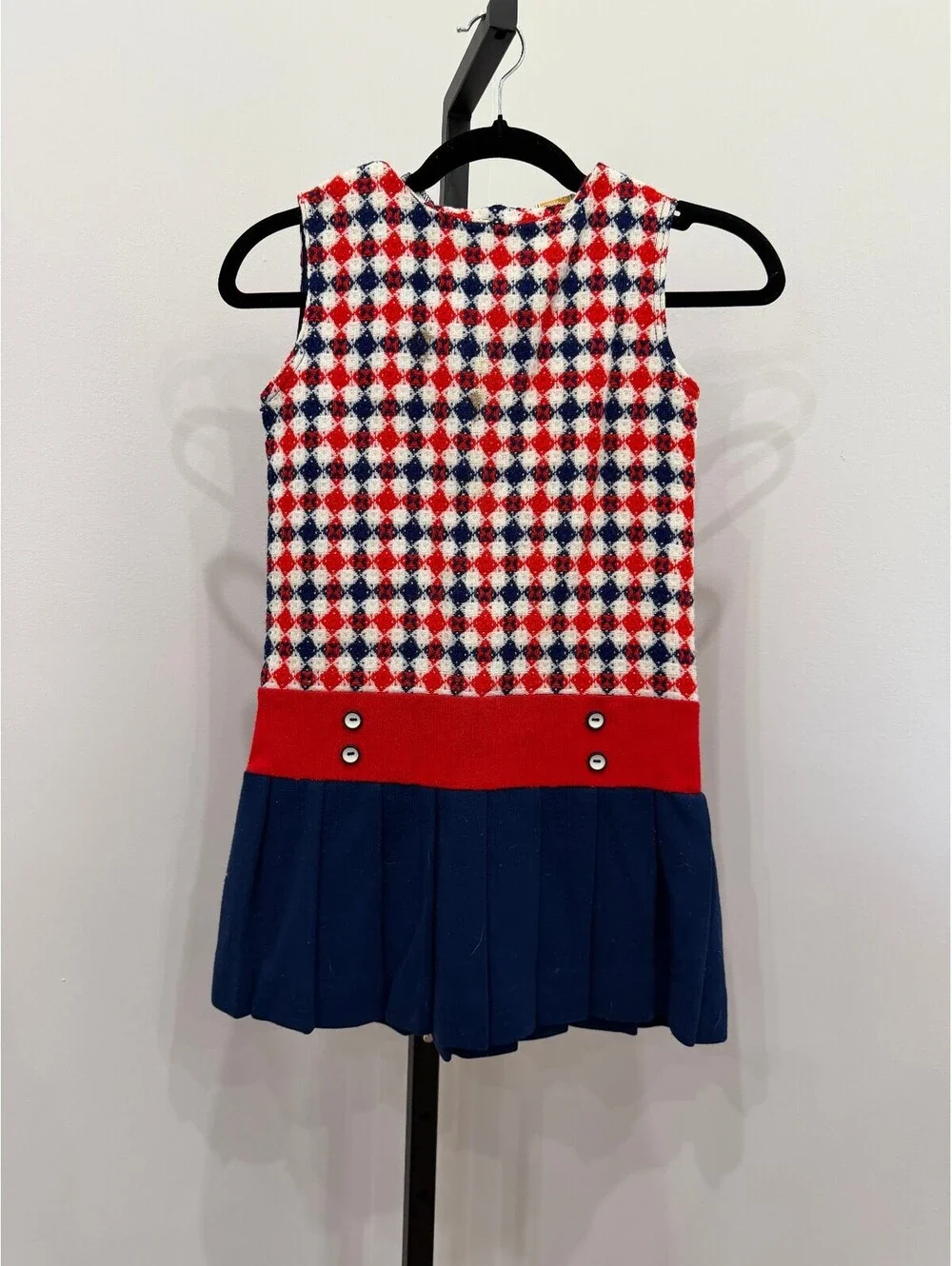 Vintage Playmore Girls Size 8 Sleeveless Pleated Dress Red Navy White